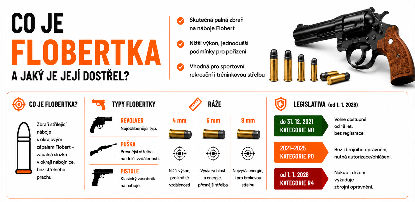 Infografika k článku o flobertkách s přehledem základních typů, ráží a legislativy